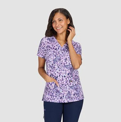 Womens Koi Printed Scrub Top - Butterfly French Lavender - XXS | XS
