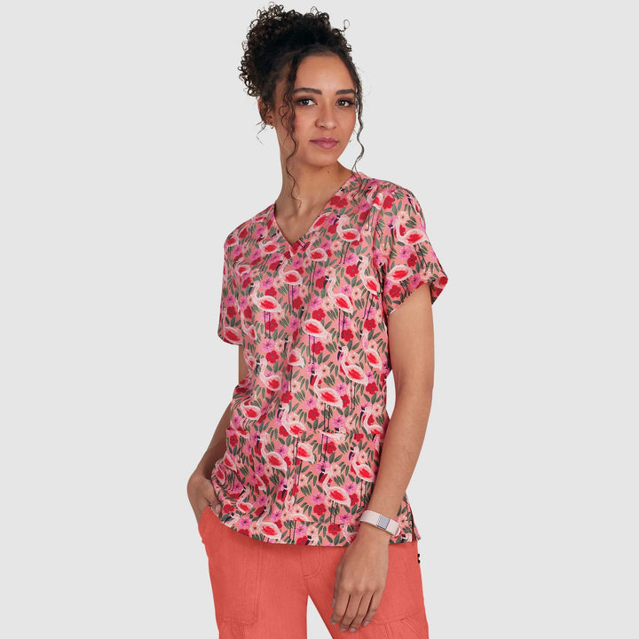 Womens Printed Scrub Top - Flamingo and Flowers - XXS