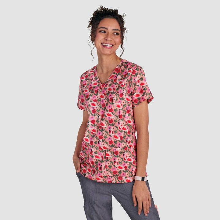 Womens Printed Scrub Top - Flamingo and Flowers - XXS