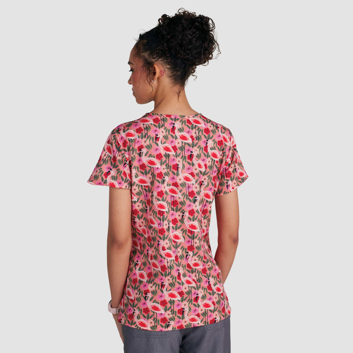 Womens Printed Scrub Top - Flamingo and Flowers - XXS