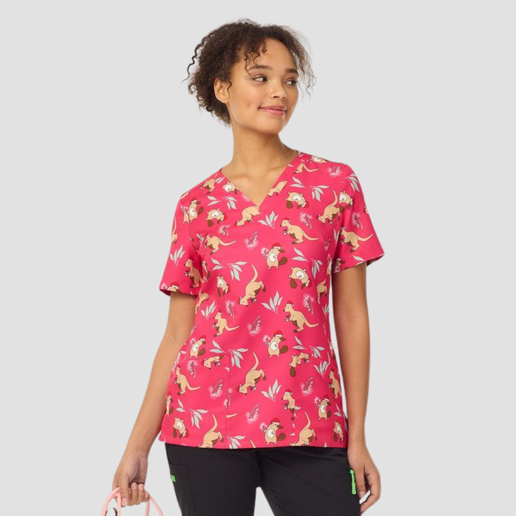 CATL1K - Womens NNT Native Xmas Print Scrub Top