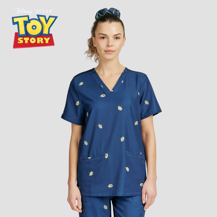 Womens Dr Woof Disney &amp; Pixar’s Toy Story Little Green Men Scrub Top