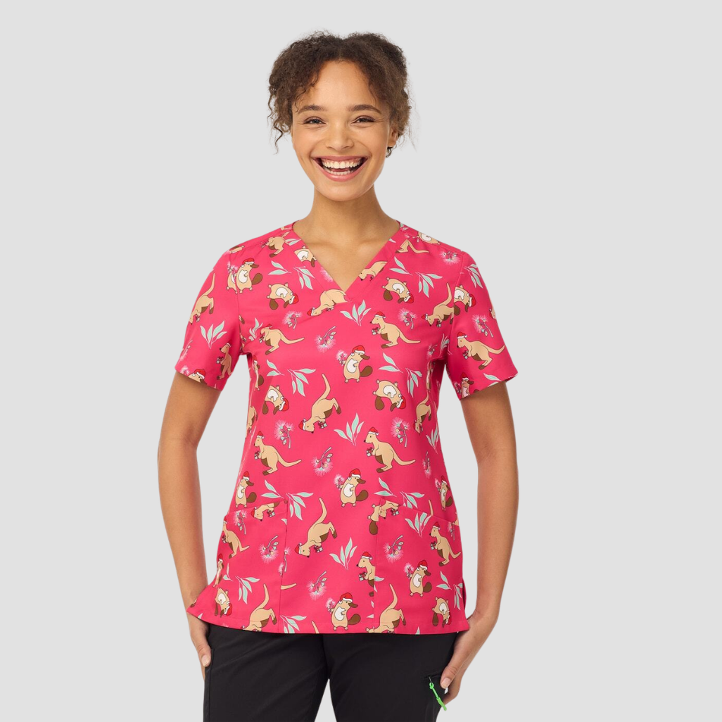 CATL1K - Womens NNT Native Xmas Print Scrub Top