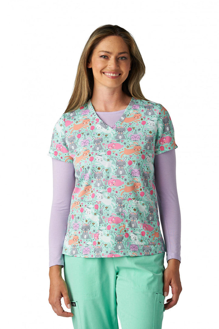 Koi Womens Printed Scrub Top - Bunny Celebration