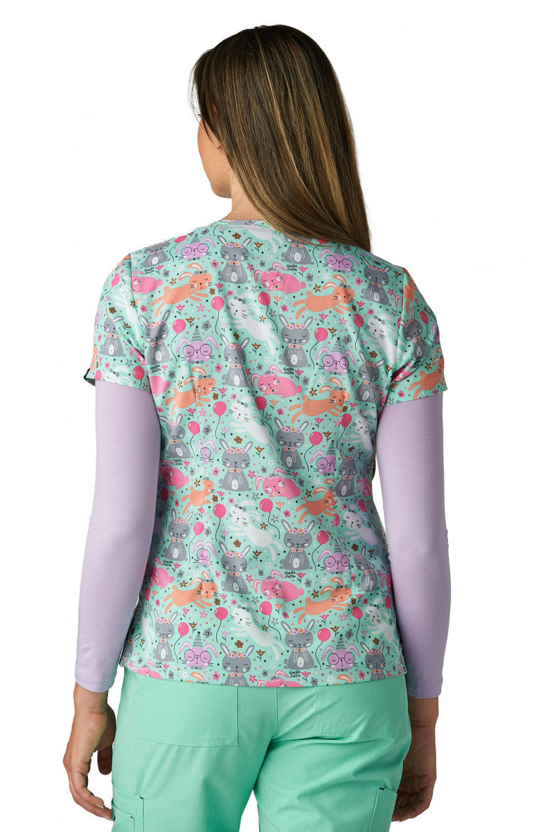 Koi Womens Printed Scrub Top - Bunny Celebration