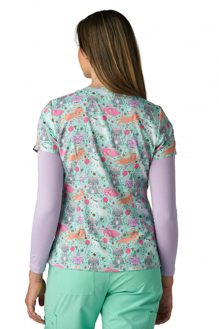 Koi Womens Printed Scrub Top - Bunny Celebration