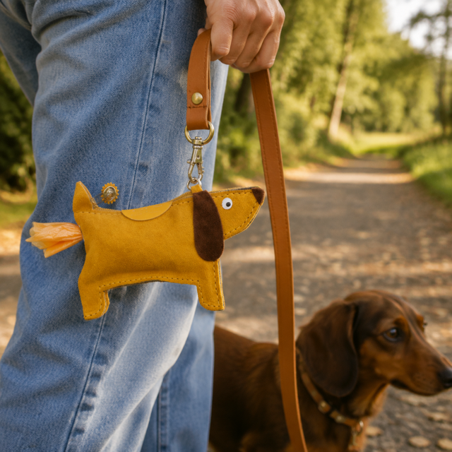 Suede Dachsund Doggy-do bag holder - Gold