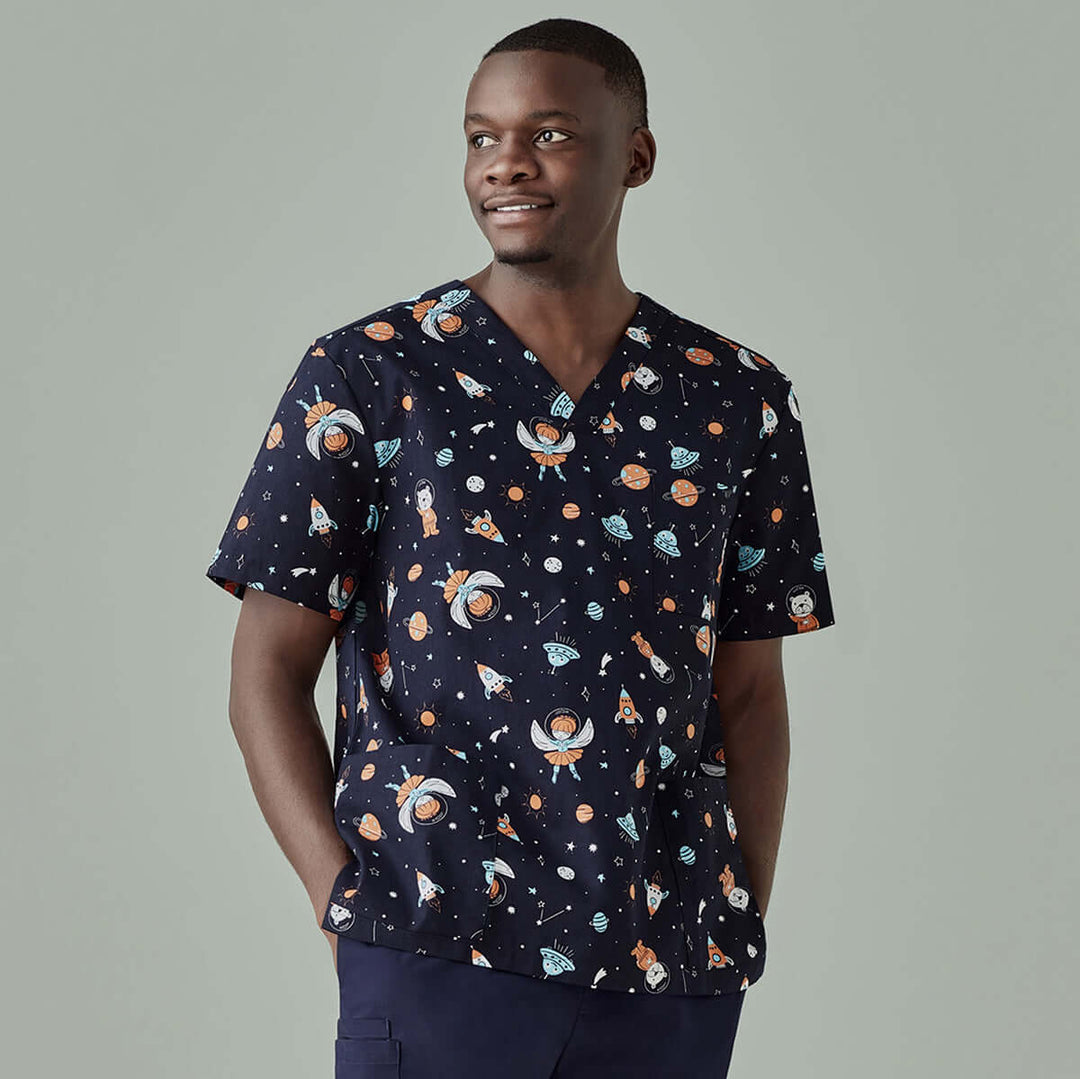 Mens Printed Scrub Top - Space Party - XS