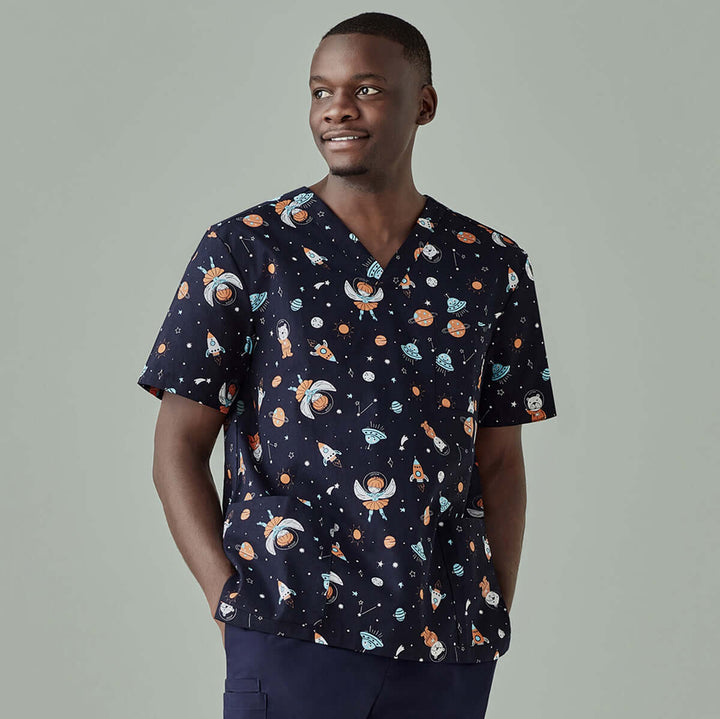 Mens Printed Scrub Top - Space Party - XS