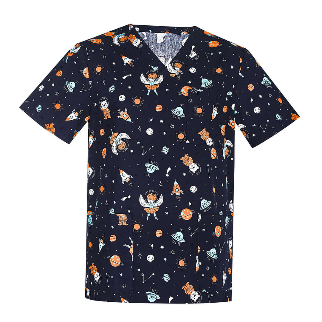 Mens Printed Scrub Top - Space Party - XS