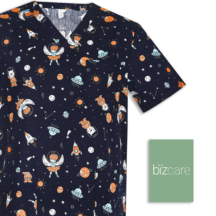 Mens Printed Scrub Top - Space Party - XS