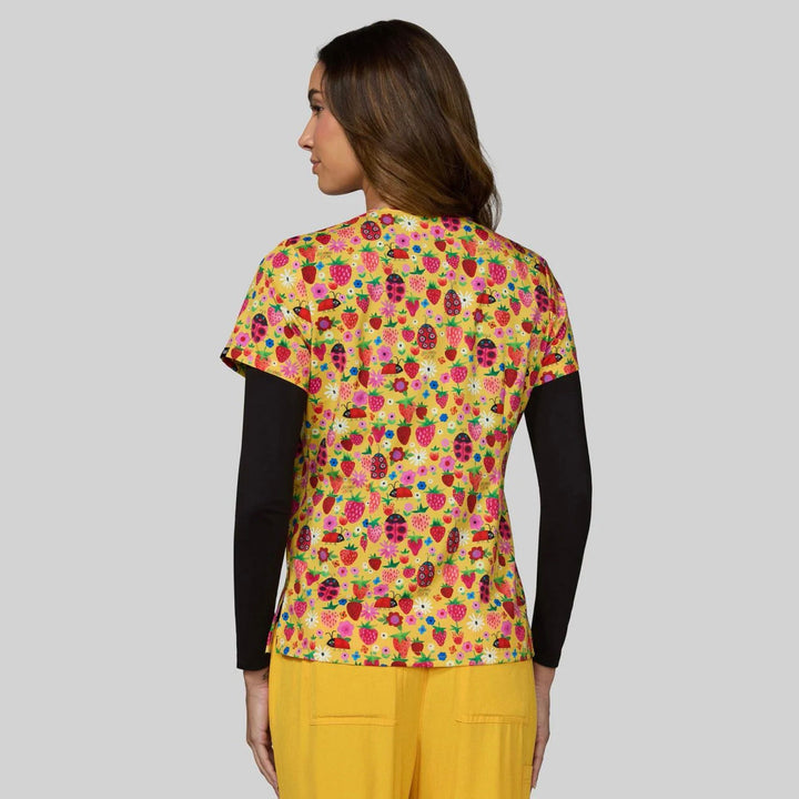 Koi Womens Printed Scrub Top - Strawberries and Ladybugs