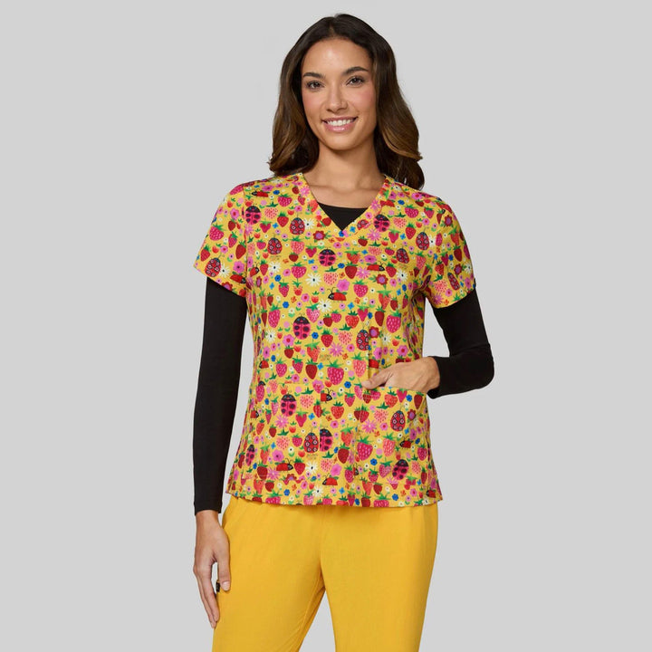 Koi Womens Printed Scrub Top - Strawberries and Ladybugs