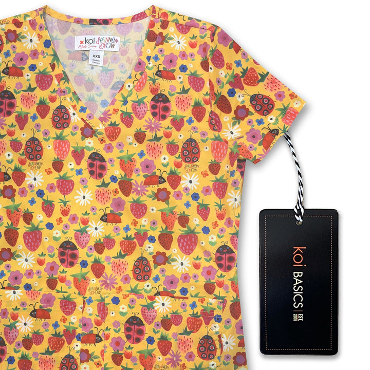Koi Womens Printed Scrub Top - Strawberries and Ladybugs