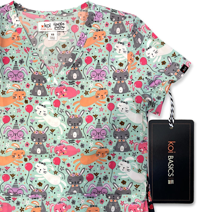 Koi Womens Printed Scrub Top - Bunny Celebration