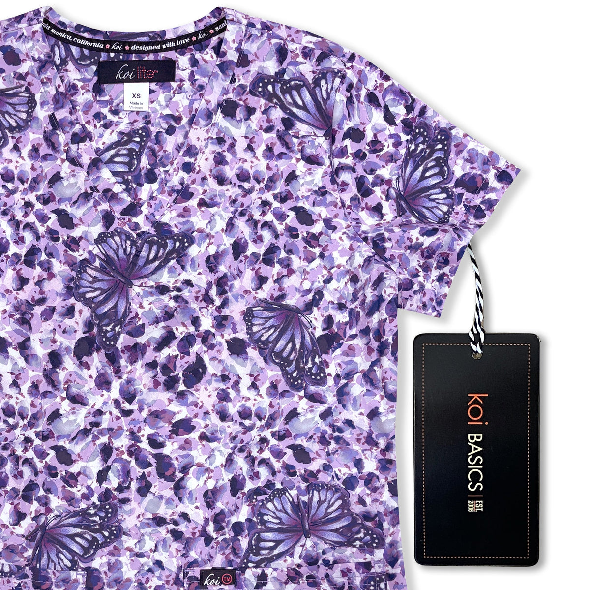 Womens Koi Printed Scrub Top - Butterfly French Lavender - XXS | XS