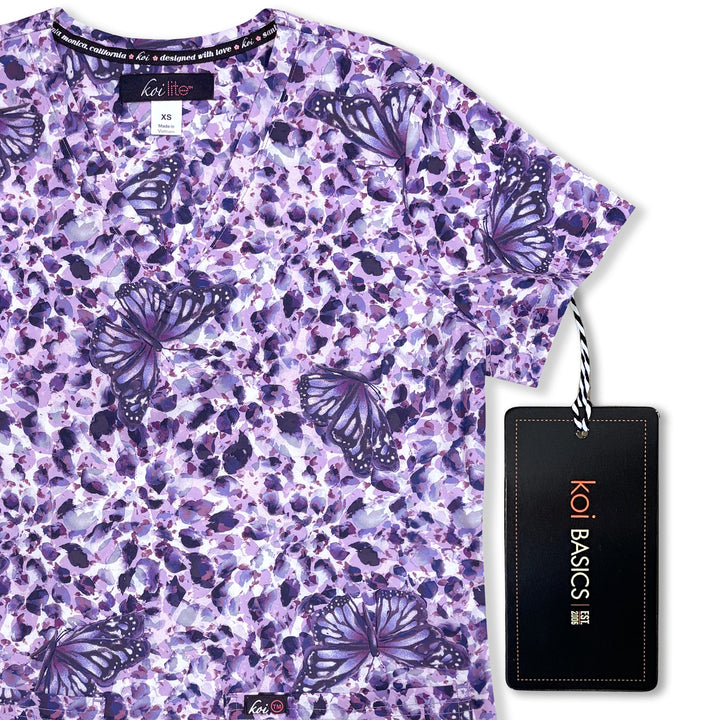 Womens Koi Printed Scrub Top - Butterfly French Lavender - XXS | XS
