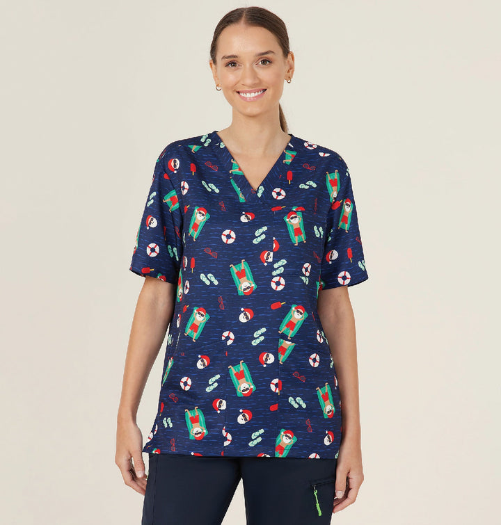 NNT - Unisex Christmas Printed Scrub Top - Navy Pool Party