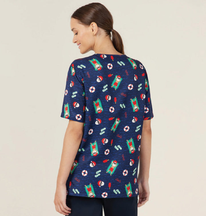 NNT - Unisex Christmas Printed Scrub Top - Navy Pool Party
