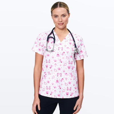 Womens Printed Scrub Top - Breast Cancer Awareness