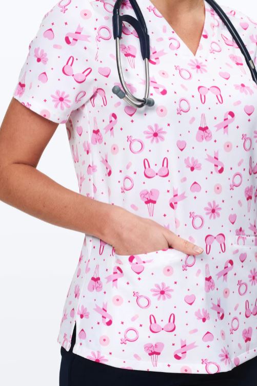 Womens Printed Scrub Top - Breast Cancer Awareness