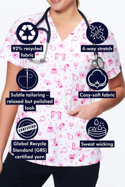 Womens Printed Scrub Top - Breast Cancer Awareness