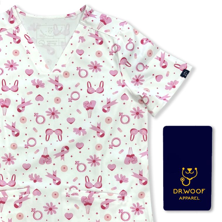 Womens Printed Scrub Top - Breast Cancer Awareness