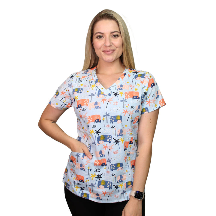 Womens Printed Scrub Top - Tropical Elephants