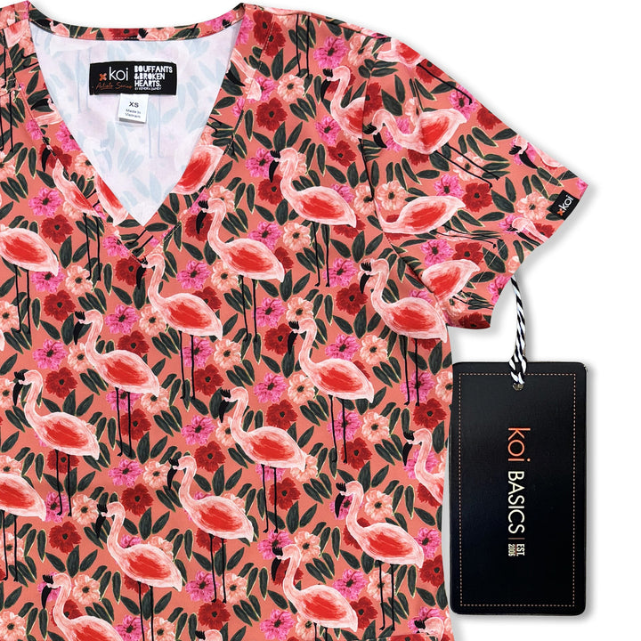 Womens Printed Scrub Top - Flamingo and Flowers - XXS