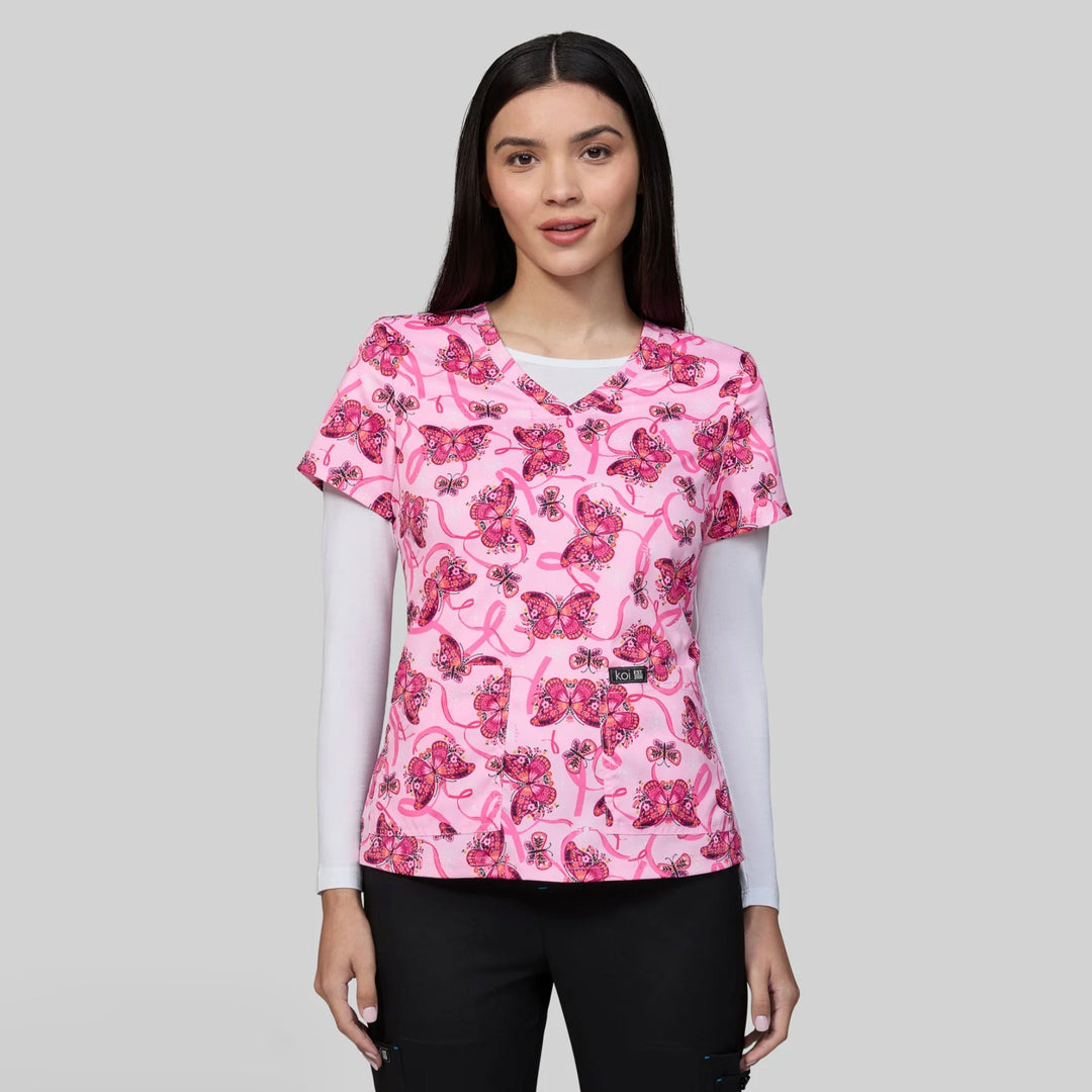 Koi Womens Printed Scrub Top - Floating Ribbons