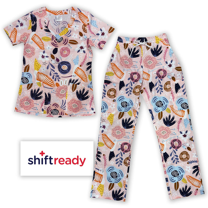 Womens Shift Ready Pink Hummingbird Printed Scrub Set