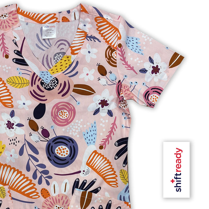 Womens Shift Ready Pink Hummingbird Printed Scrub Top