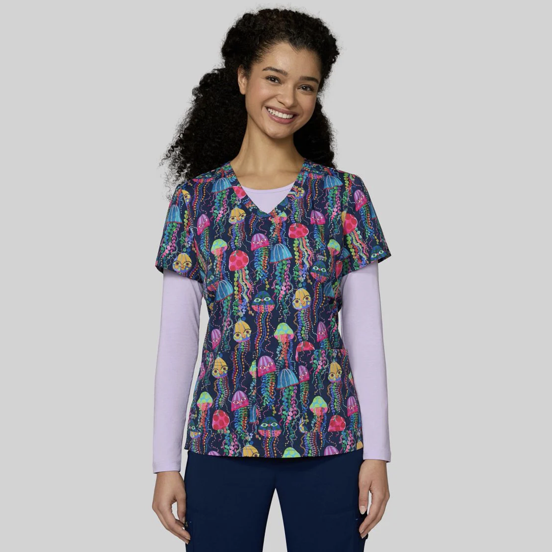 Koi Womens Printed Scrub Top - Jellyfish Eyes