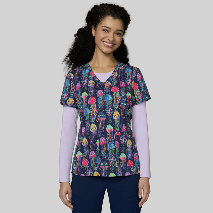 Koi Womens Printed Scrub Top - Jellyfish Eyes