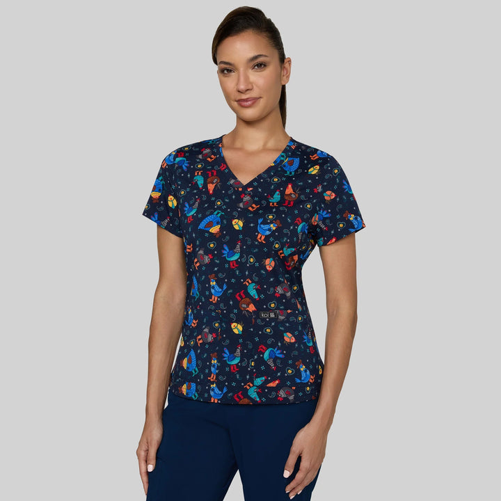 Koi Womens Printed Scrub Top - Cowboy Chicken