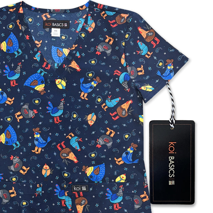 Koi Womens Printed Scrub Top - Cowboy Chicken