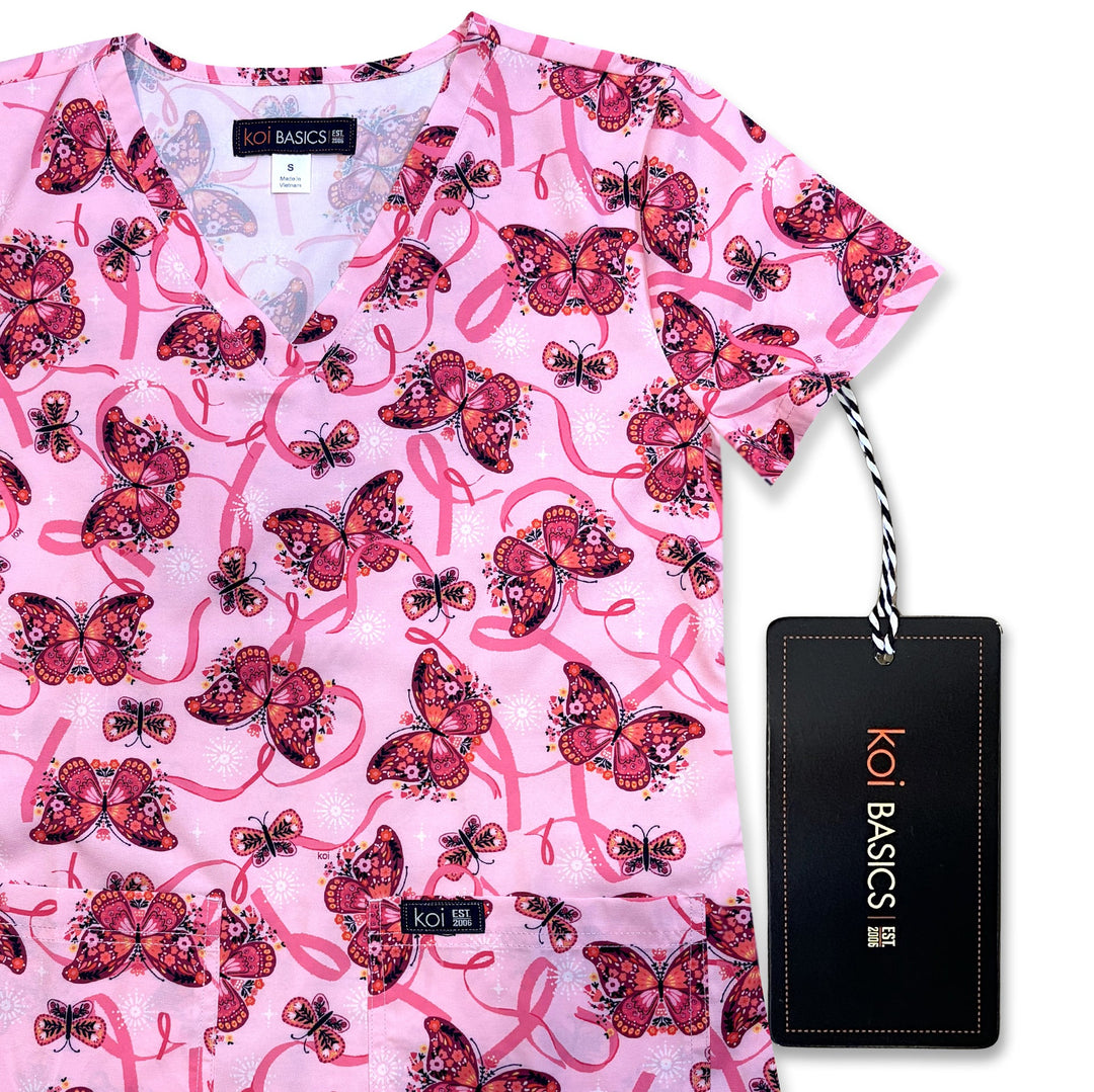 Koi Womens Printed Scrub Top - Floating Ribbons