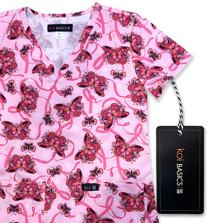 Koi Womens Printed Scrub Top - Floating Ribbons