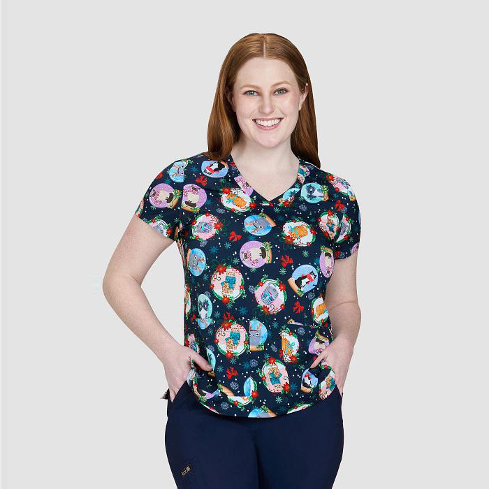 Koi Womens Printed Scrub Top - Christmas Cats