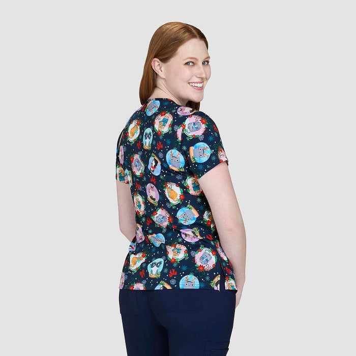 Koi Womens Printed Scrub Top - Christmas Cats
