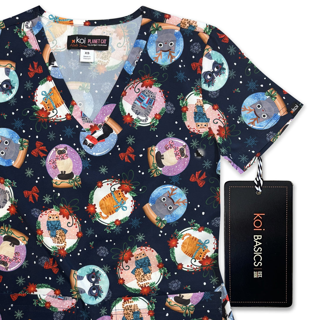 Koi Womens Printed Scrub Top - Holiday Cats