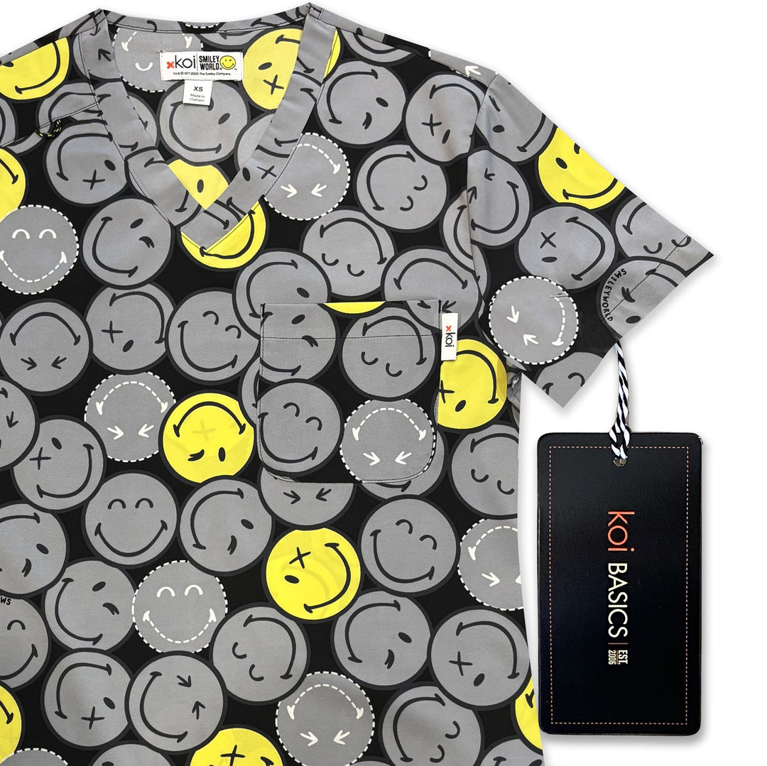 Koi Mens Printed Scrub Top - Smiley World Confident