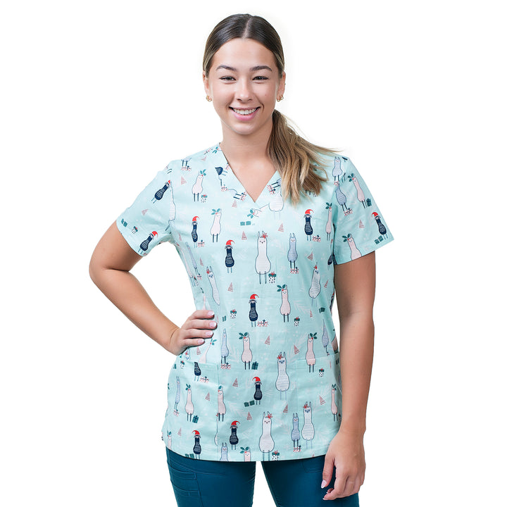 Smilewear Exclusive Printed Scrub Top - Christmas Llama