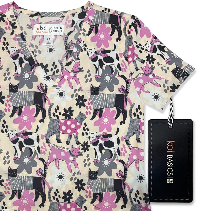 Koi Womens Printed Scrub Top - Everyday Floral Cats