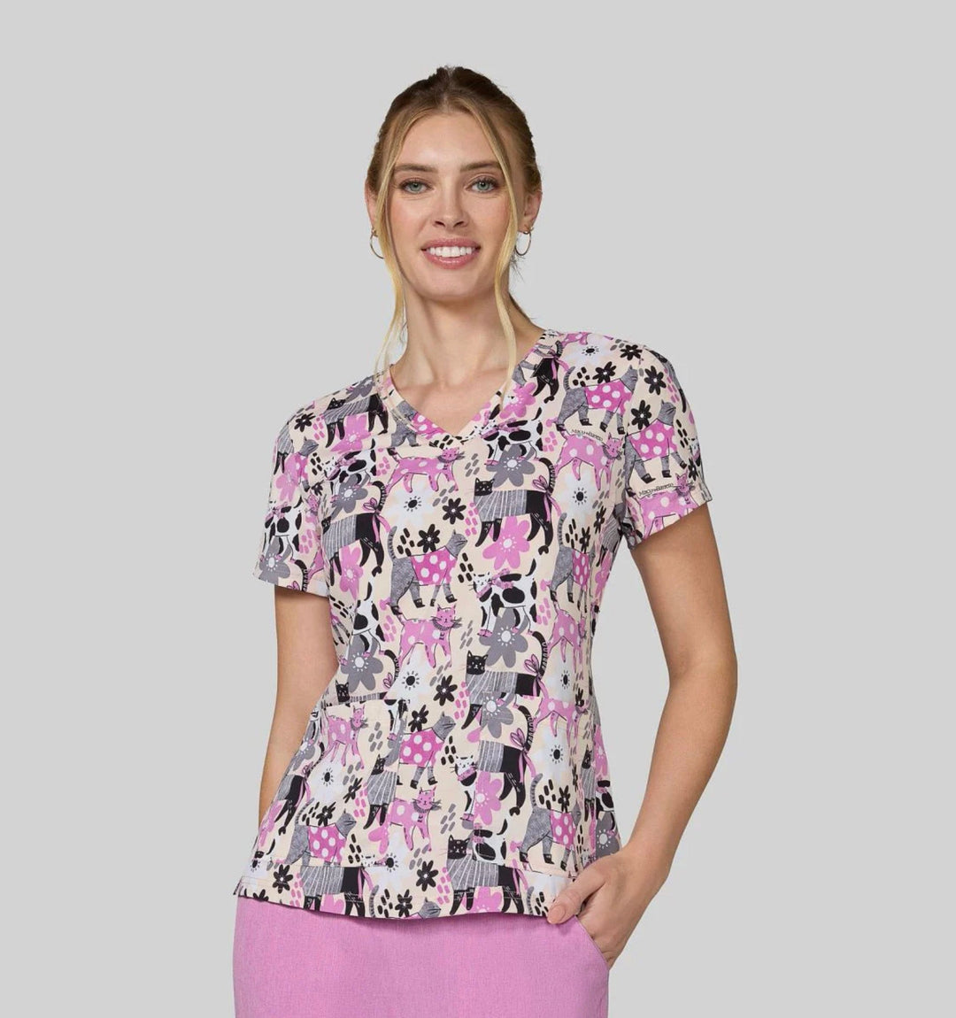 Koi Womens Printed Scrub Top - Everyday Floral Cats
