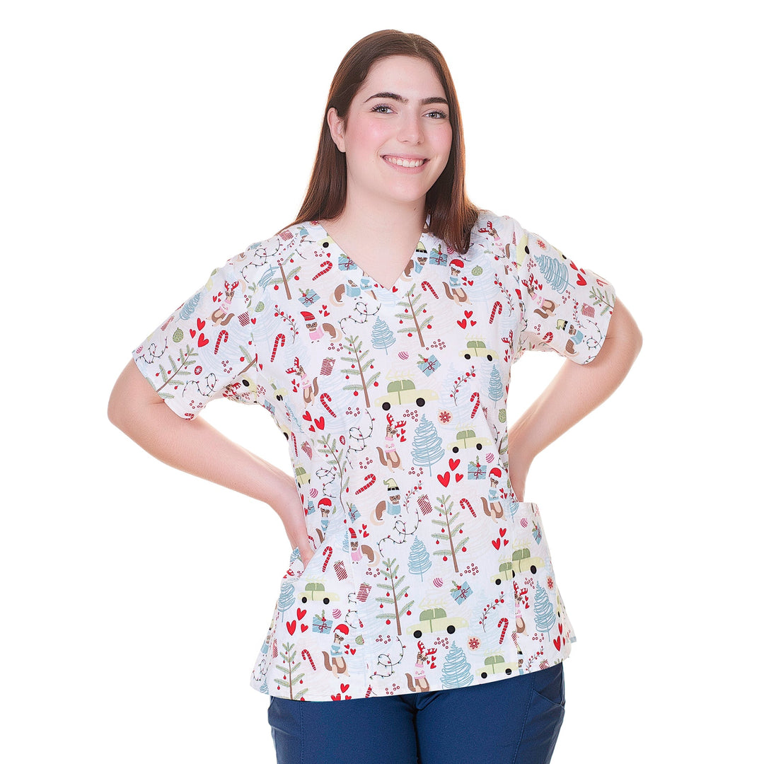 Womens Printed Scrub Top - Merry Meercat