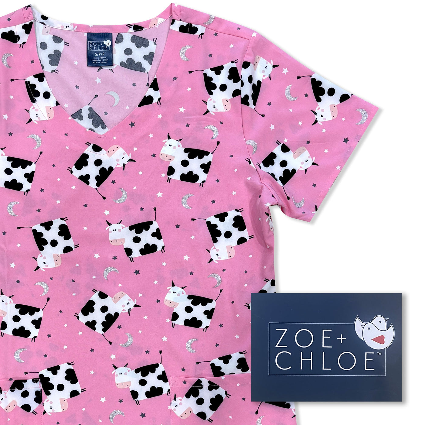 Womens Printed Scrub Top - Moon Moo