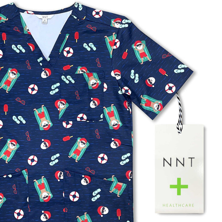 NNT - Unisex Christmas Printed Scrub Top - Navy Pool Party