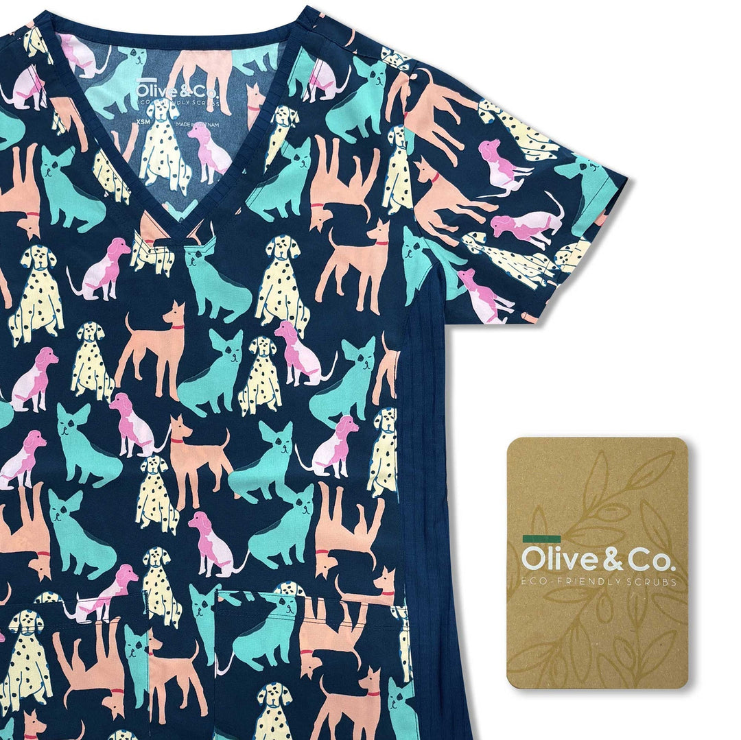 Womens Printed Scrub Top - Dog Park