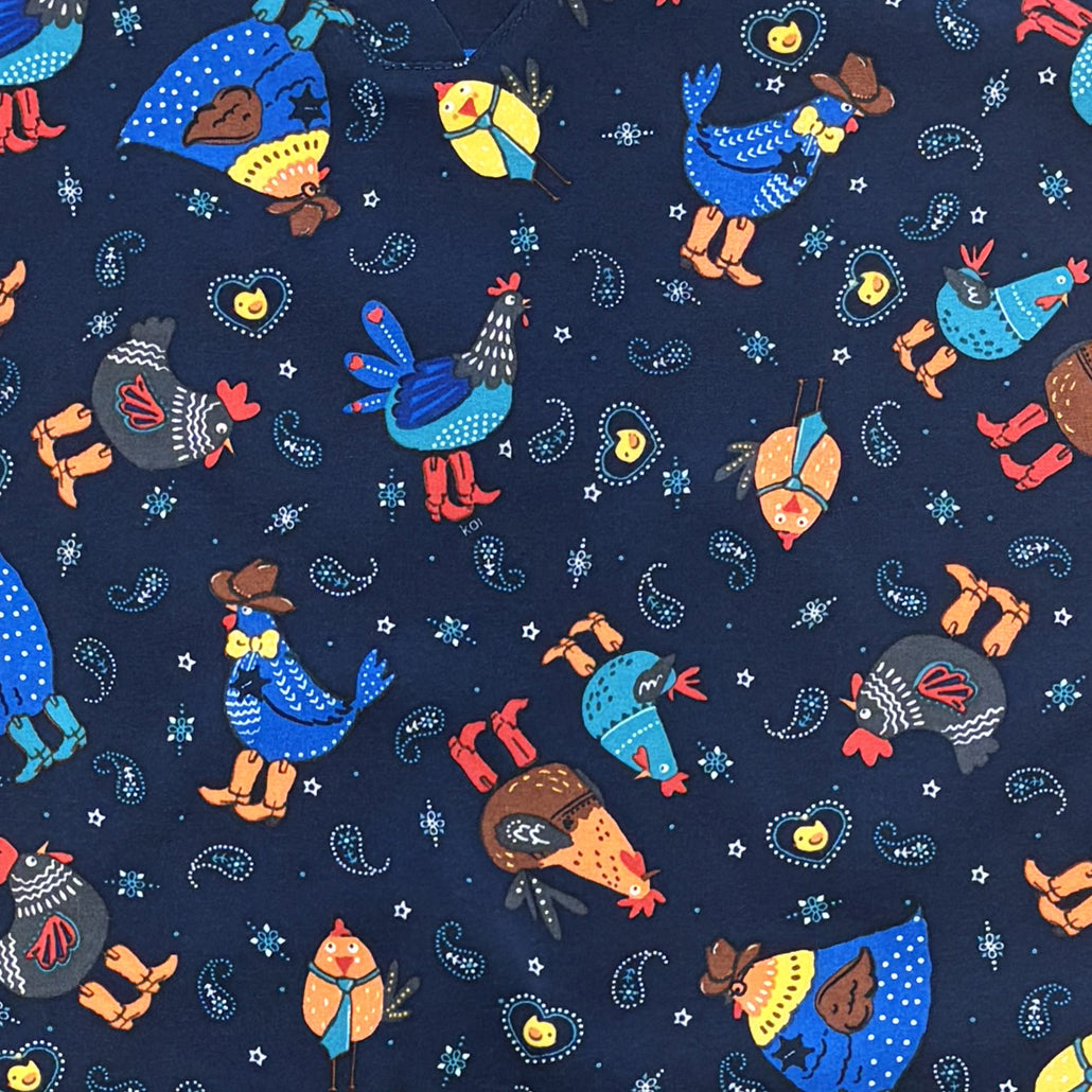 Koi Womens Printed Scrub Top - Cowboy Chicken